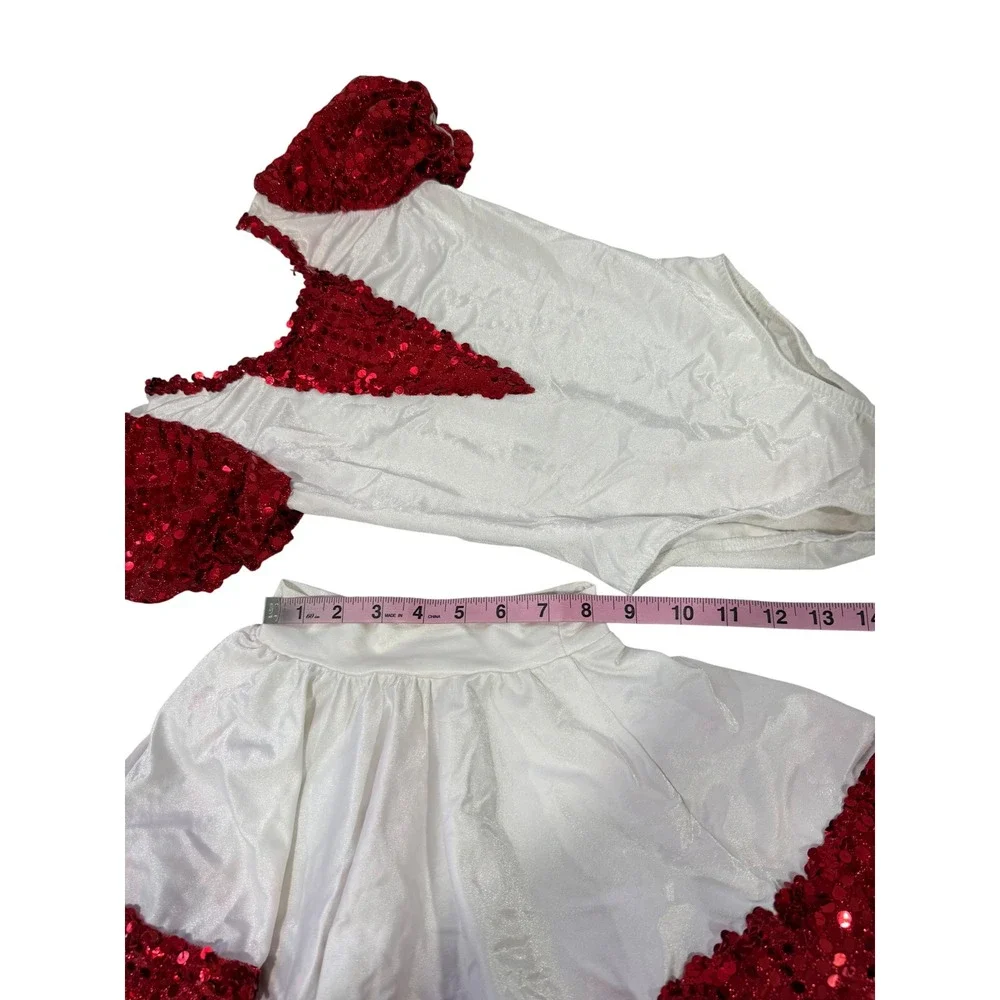 Vintage 90s Kids Dance Costume Competition Set Red White Sequin Bodysuit Skirt